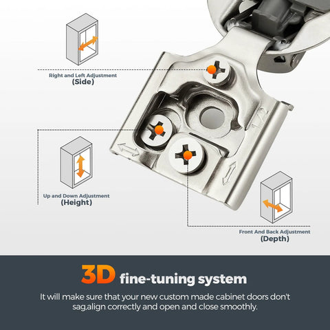 Concealed satin-nickel cabinet hinge with 3D fine-tuning; shows side, height and depth adjustments.