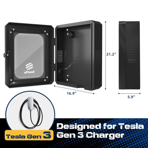 Tough As Nails Outdoor EV Charger Enclosure Wall Box With Combo Lock For Tesla And Chargepoint, black steel, 21.2x16.9x5.9 inches.