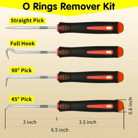 O Rings Remover Kit with straight, full hook, 90°, and 45° picks, suitable for Viton O Ring Kit 390 Piece Set use