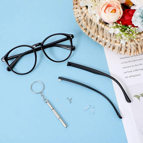 Hella Sturdy Universal Glasses Arm Replacement Kit For Sweet Eyeglasses Legs Swap Including Screws Washers Nose Pads And Mini Screwdriver For A Dang Fast Frame Rescue Any Day with black eyeglasses and replacement arms.