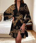 Cozy Women Long Sleeve Retro Industrial Gear Kimono Robe With Super Soft Polyester And Spandex Blend for relaxing at home.