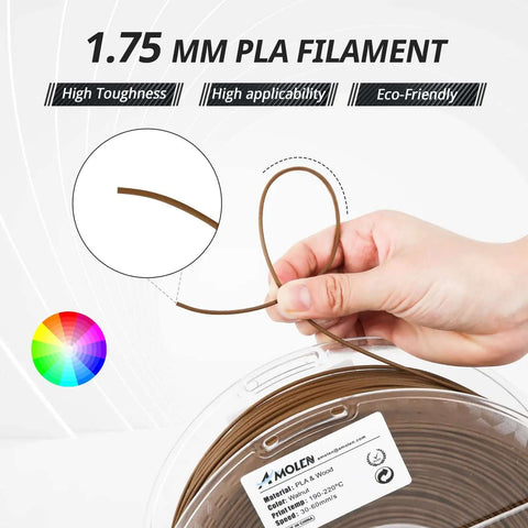 Hand holding 1.75mm Wood Like 3D Printer Filament Dark Walnut 1KG spool, showing PLA real wood fiber texture for creative projects.