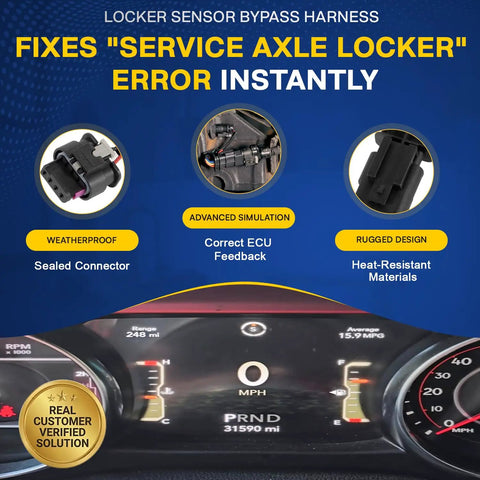 Direct Fit Locker Sensor Bypass Harness For Wrangler JL And Gladiator JT Rubicon featuring sealed connector and dashboard display.