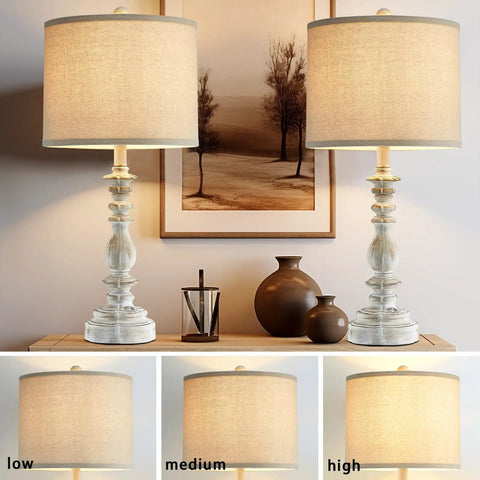Farmhouse Table Lamps Set Of 2 With 3 Way Dimming, Vintage Bedside Lamps In White Finish With USB A And C Ports