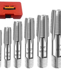 Six Piece NPT Pipe Tap Set in Carbon Steel for Clean Accurate Threads with 1 inch to 1/8 inch taps and plastic case
