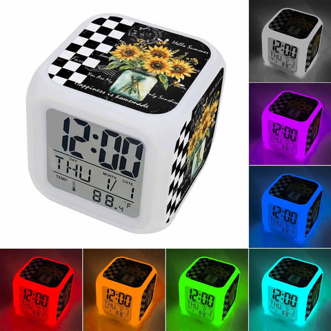 Solid Build Cube Digital Alarm Clock With Seven Color Led Night Light And Easy Peasy Snooze, showing vivid display and light features.