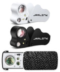 All In One Jewelers Loupe Set With Illuminated Magnifiers Providing 30x 60x And 90x Three Level Zoom Plus 30x And 60x Secondary Lens UV Black Light And Bright LED Ideal For Gems Jewelry Diamonds Coins Stamps Inspection And Detail Work, shown in different designs with LED lights and woven pattern base.