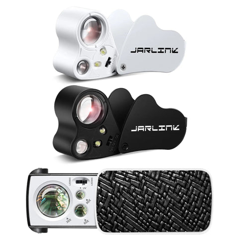 All In One Jewelers Loupe Set With Illuminated Magnifiers Providing 30x 60x And 90x Three Level Zoom Plus 30x And 60x Secondary Lens UV Black Light And Bright LED Ideal For Gems Jewelry Diamonds Coins Stamps Inspection And Detail Work, shown in different designs with LED lights and woven pattern base.