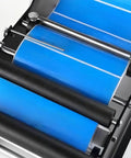 Close-up of the roller mechanism on the Heavy Duty Manual Bottle Labeling Machine For Cans And Plastic Glass Bottles With Widening Design For Easy Use Perfect For Small Businesses And Home Crafts Projects Durable Iron Construction High Temperatures Baking Finish.