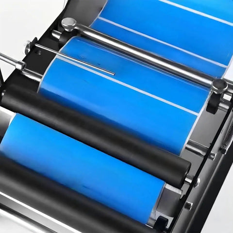 Close-up of the roller mechanism on the Heavy Duty Manual Bottle Labeling Machine For Cans And Plastic Glass Bottles With Widening Design For Easy Use Perfect For Small Businesses And Home Crafts Projects Durable Iron Construction High Temperatures Baking Finish.