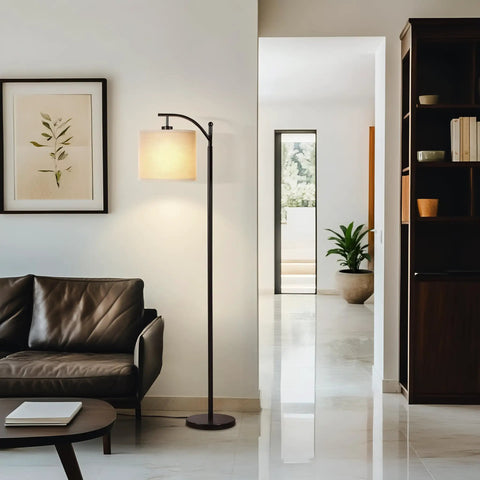 Arc Shaped LED Floor Lamp With Hanging Shade For Living Rooms And Offices, sleek black design with marble base in modern interior