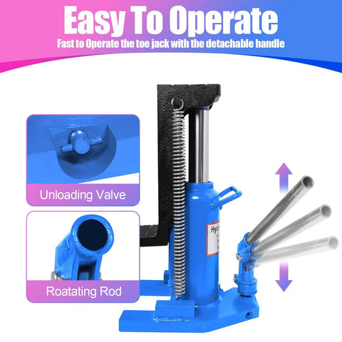 Heavy Duty Toe Jack Cracks Five Tons Open Easy Built For Grease Monkey Daily Tasks And Tow Yard Work with detachable handle and unloading valve.