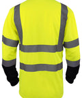Hi Vis Class 3 T Shirt With Reflective Strips Lime Orange Safety Shirt Short And Long Sleeve Moisture Wicking 100 Percent Polyester Birds Eye Knit ANSI II ANSI ISEA 107 2017 Compliant Left Chest Pocket Black Bottom Lime L shown from the back