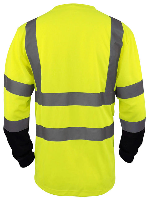 Hi Vis Class 3 T Shirt With Reflective Strips Lime Orange Safety Shirt Short And Long Sleeve Moisture Wicking 100 Percent Polyester Birds Eye Knit ANSI II ANSI ISEA 107 2017 Compliant Left Chest Pocket Black Bottom Lime L shown from the back
