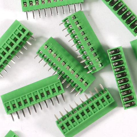 Green 10 Pack 10Pin 2.54mm 0.1 Inch Pitch PCB Screw Terminal Block Connectors scattered, showing pins and ABS plastic housing.