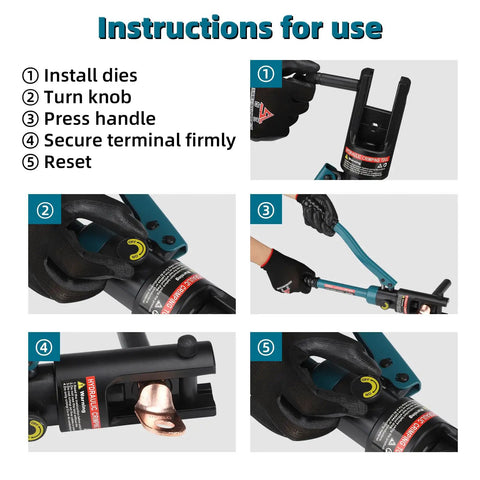 Instructions for use of Beefy 12-Ton Hydraulic Crimping Tool For Battery Cables, Wire Terminal Crimper 16-300mm2 6 AWG To 8/0 AWG, With 11 Dies, 16mm Stroke, 180 Degree Swivel Head, Heavy-Duty Electrician Favorite Blue