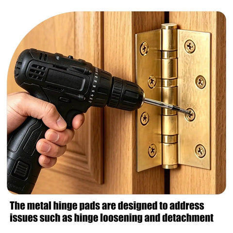 Person using a drill on a brass door hinge showing 30 Pack 4 Inch Door Hinge Shims Kit For Quick Adjustment.