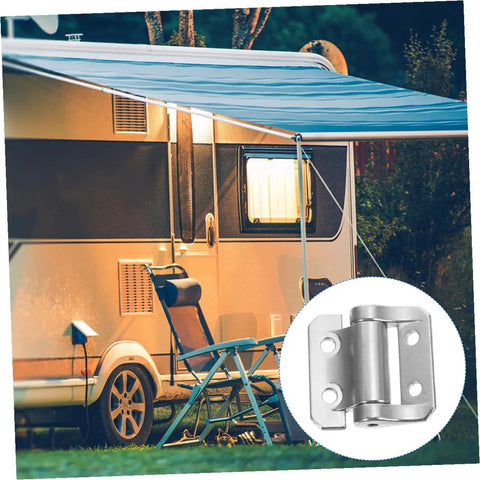 Camping scene with an awning and chair beside a trailer. Inset shows Thickened Zinc Alloy Door Hinge With Damping And Adjustable Position.