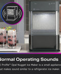 Countertop Nugget Ice Maker With WiFi Connectivity For Smart Home Kitchens Fast Chewy Ice On Tap Black Stainless Finish Compact Ice Machine Perfect For Drinks And Entertaining next to two beverages and diagram of sound operation in kitchen setting.