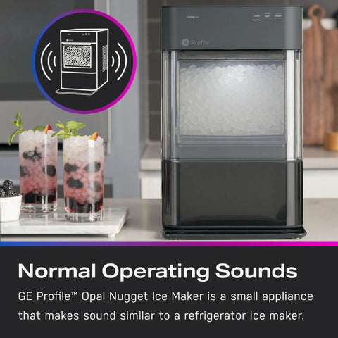 Countertop Nugget Ice Maker With WiFi Connectivity For Smart Home Kitchens Fast Chewy Ice On Tap Black Stainless Finish Compact Ice Machine Perfect For Drinks And Entertaining next to two beverages and diagram of sound operation in kitchen setting.