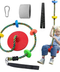 Child on backyard tree swing for kids with single disc rope climbing seat, red color, includes carabiner, tree protector, 4 ft strap.
