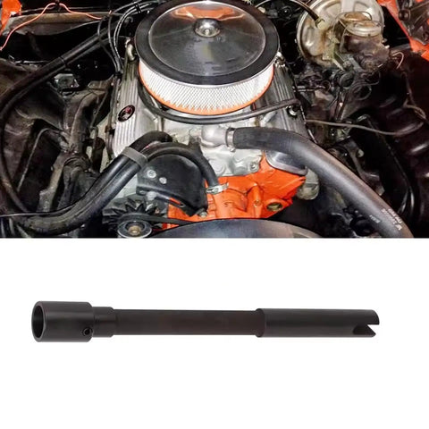 Heavy Duty Pump Drive Pin Fits 283 302 327 350 And 5.7L Small Block Engines With Black Metal Build positioned next to engine.