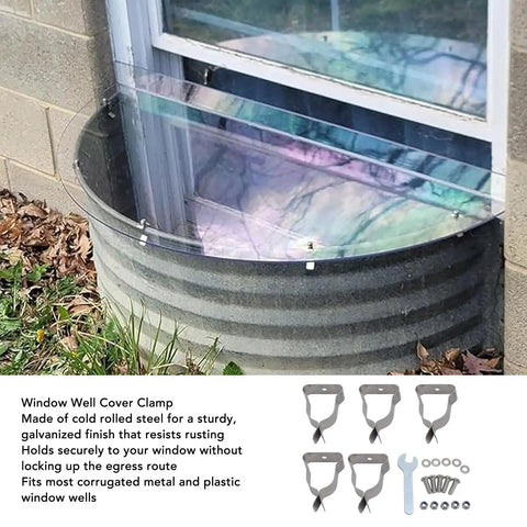 Durable Window Well Cover Hardware Kit Featuring Heavy Duty Cold Rolled Steel Spring Clamps And Zinc Plated Clips For Secure Basement Protection Against Weather Damage And Outdoor Wear. Installed on corrugated window well