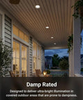 Outdoor view with Six Inch Dimmable LED Recessed Can Lights Four Pack With Baffle Trim 965 Lumens lighting patio ceiling.
