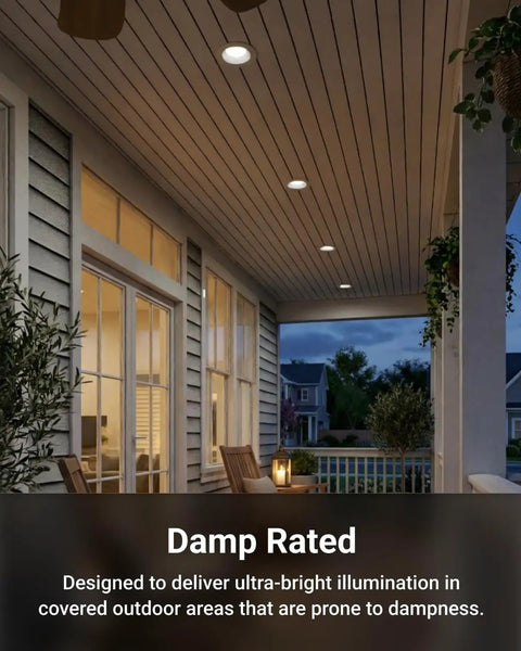 Outdoor view with Six Inch Dimmable LED Recessed Can Lights Four Pack With Baffle Trim 965 Lumens lighting patio ceiling.