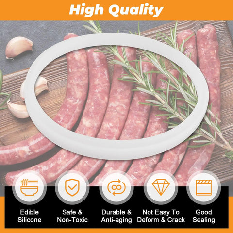 Universal Sausage Stuffer Gasket Replacement O Ring Seal For Vertical And Horizontal 3 5 7 L Sausage Makers Fits Most Brands Replacement Plunger Gasket Part displayed on a wooden table with garlic and sausages.
