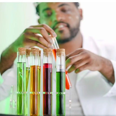 Scientist using Glass Test Tube Set, 24 Pieces, 80ml Each, with cork stoppers and a 24-hole rack, for lab experiments.