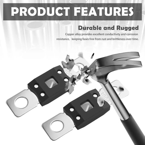 Top Shelf 300 Amp Mega Fuse Bolt On Kit For Cars Trucks And Rv With Instant Short Circuit Breaker showing durable copper alloy fuses.