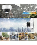 Badass 8MP 4K Outdoor POE Dome IP Security Camera Featuring AI Human Face Detection Line Crossing Intrusion Alerts And Rock Solid 30 To 50M IR Night Vision With HDR installed outdoors, showcasing waterproof design and snow scenario.