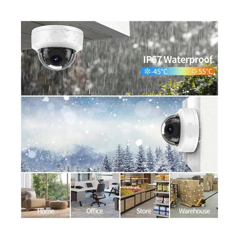 Badass 8MP 4K Outdoor POE Dome IP Security Camera Featuring AI Human Face Detection Line Crossing Intrusion Alerts And Rock Solid 30 To 50M IR Night Vision With HDR installed outdoors, showcasing waterproof design and snow scenario.