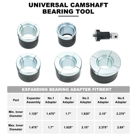 Universal camshaft bearing removal and installation tool set with six expanding adapters (1.125"–2.69").