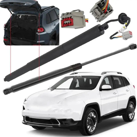 Heavy Duty Electric Tailgate Gas Struts For Jeep Cherokee 2015 2016 2017 2018 2019, showcased with vehicle and components.