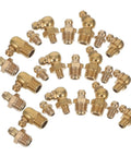 Assorted brass grease fittings from the Brass Grease Fitting Kit One Set With Straight And Angled Zerk Nozzles For Automotive And Industrial Use.