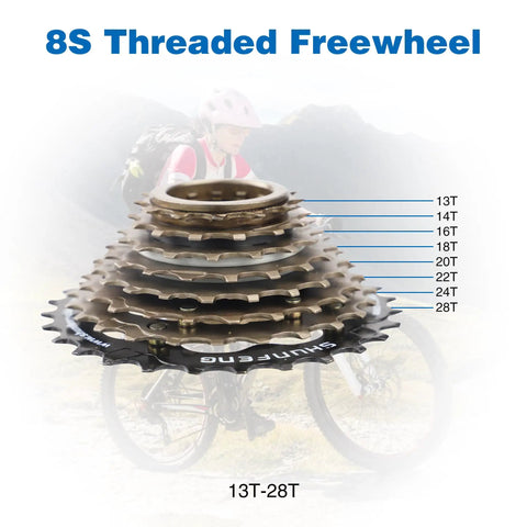 Eight Speed Threaded Freewheel 13-28T Screw On For Mountain Bike And Cruiser Bicycle showing teeth sizes 13T to 28T.
