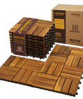 Top Shelf Nine Piece Solid Acacia Wood Interlocking Deck Tiles Non Slip Grooved Outdoor Flooring Easy Snap Together Setup stacked and arranged