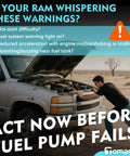 Man inspecting truck with text warnings about fuel pump issues, suggesting 12V Diesel Fuel Pump For Ram 2500 3500 Pickup 1997 1998 1999 2000 2001 2002 5.9L Cummins Turbo Diesel Direct Replacement Plug And Play OEM Compatible With 100 Percent OE Matched Connectors No Cutting Needed.
