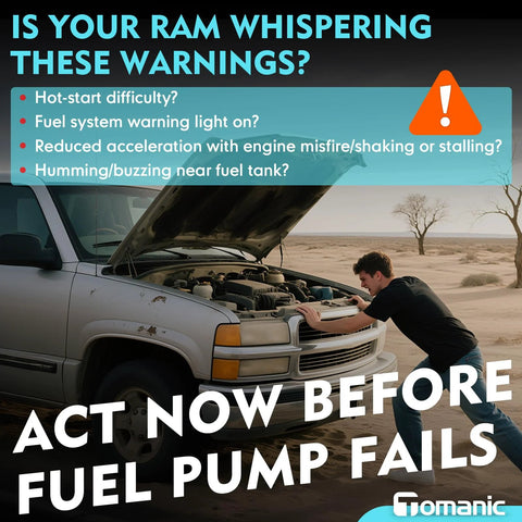 Man inspecting truck with text warnings about fuel pump issues, suggesting 12V Diesel Fuel Pump For Ram 2500 3500 Pickup 1997 1998 1999 2000 2001 2002 5.9L Cummins Turbo Diesel Direct Replacement Plug And Play OEM Compatible With 100 Percent OE Matched Connectors No Cutting Needed.