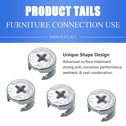 Built Tough 20 Pack 15X9.5MM Cam Lock Nuts For Furniture Fixes And Cabinet Assemblies Carbon Steel Nickel Plated Rust Resistant close-up.