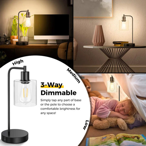 Set Of 2 Industrial Touch Control Table Lamps With 2 USB Ports And AC Outlet, 3 Way Dimmable Bedside Nightstand Lamps in use.