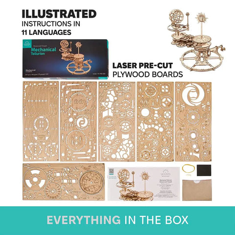 Hands On Mechanical Tellurion Three Dimensional Puzzle Wooden Model That Shows The Sun Earth Moon Cosmic Dance Explains Day And Night And Moon Phases With Realistic Orbital Motion For Science Fans And Curious Minds, laser-cut plywood kit