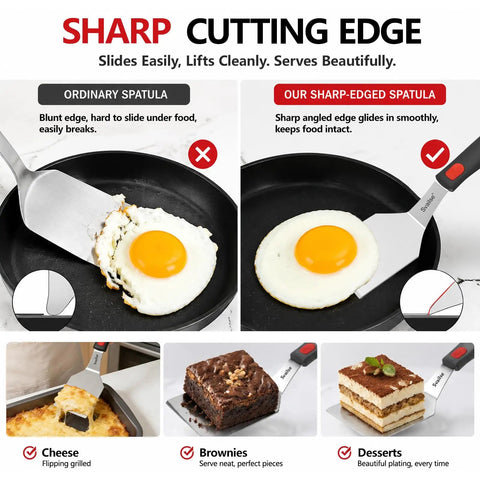 Two Piece Stainless Steel Spatula Set With Thick 1.2mm Metal Turners And Silicone Handles demonstrating flipping eggs and brownies