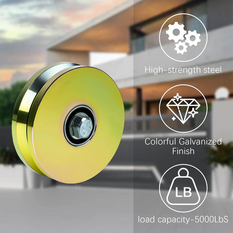 Front view: 2-pack 6-inch V-groove wheel, solid steel with dual sealed bearings, gold finish, screw included.