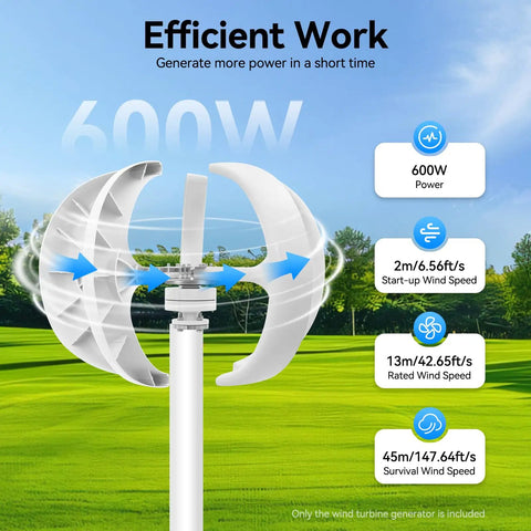 600W Wind Turbine Generator Kit With 24V 5 Blade Vertical Axis Turbine Durable Nylon Build Integrated Controller Ideal For Home Camping RV Or Off-Grid Power -40 To 80 C Operating Range with efficiency details