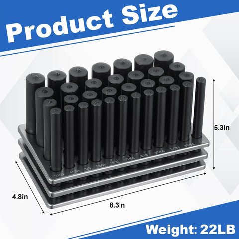 33 Piece All-In-One Transfer Punch Set With Premium Heat Treated Steel Punches From 1/2 To 1 Inch In 64th Increments, on stand