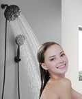High Pressure Handheld Shower Head With 8 Settings, Powerful Rainfall And Massage Modes, Matte Black, woman enjoying shower