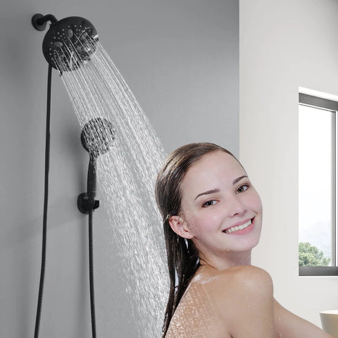 High Pressure Handheld Shower Head With 8 Settings, Powerful Rainfall And Massage Modes, Matte Black, woman enjoying shower